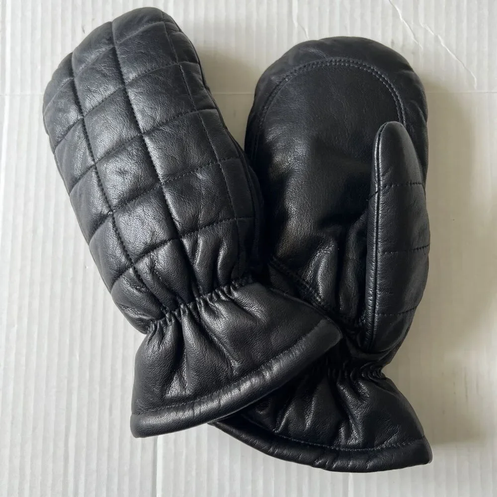 Michael Kors Sz M Black Quilted Leather Mittens Gloves EXELLENT